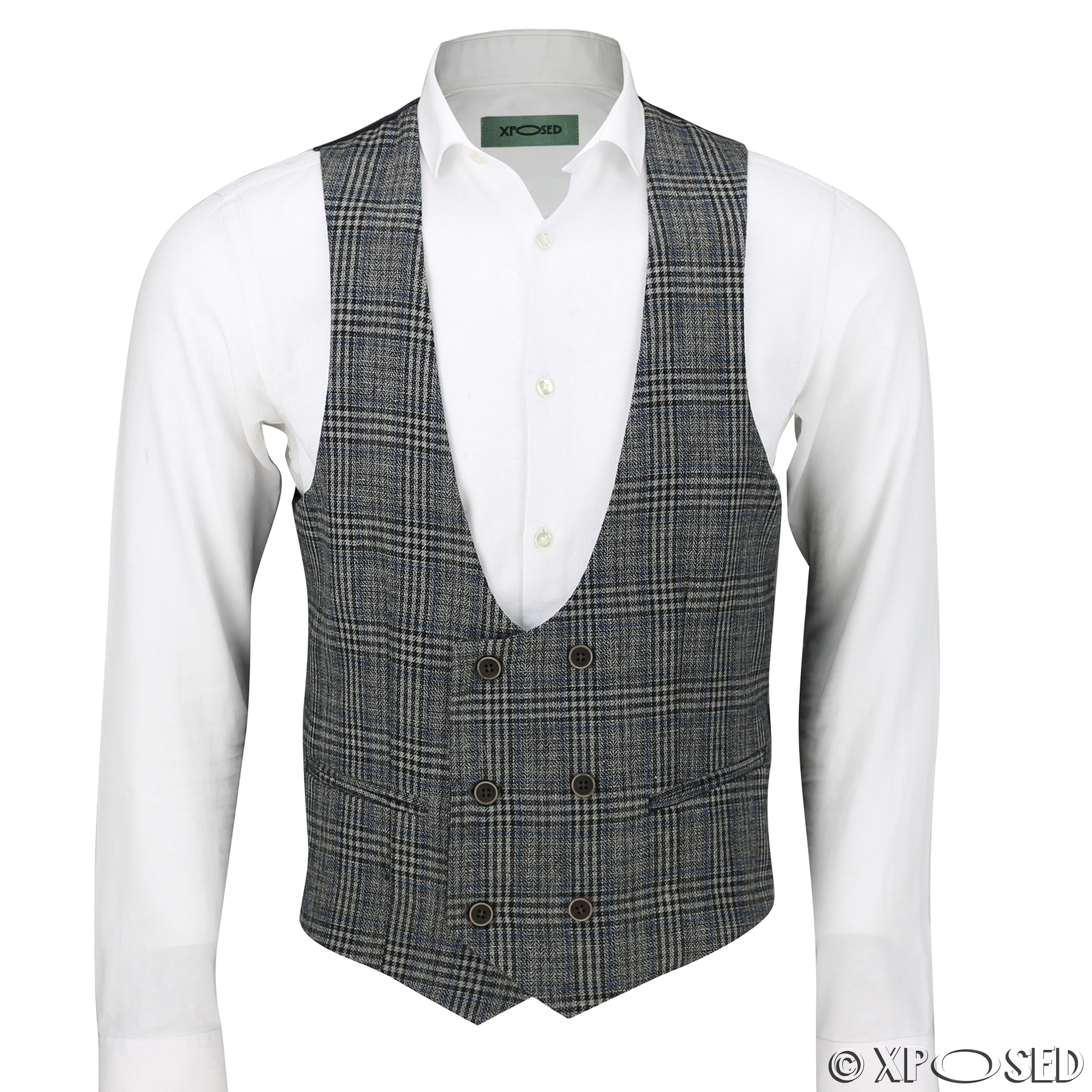 Mens Waistcoat Double Breasted U Cut Herringbone Tweed Check Velvet